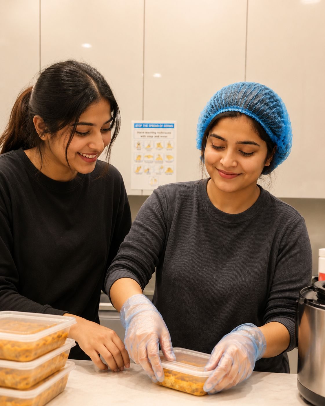 Volunteers packing hot meals in the kitchen