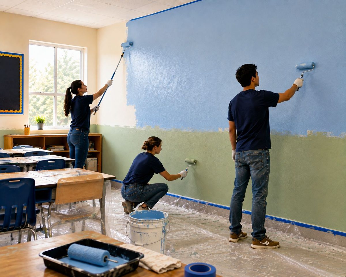 Volunteers painting a school classroom