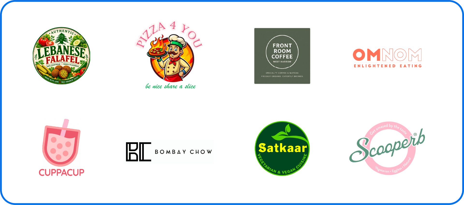 Food Arena vendors â€” Lebanese Falafel, Pizza 4 You, Front Room Coffee, OmNom, Cuppacup, Bombay Chow, Satkaar, Scooperb