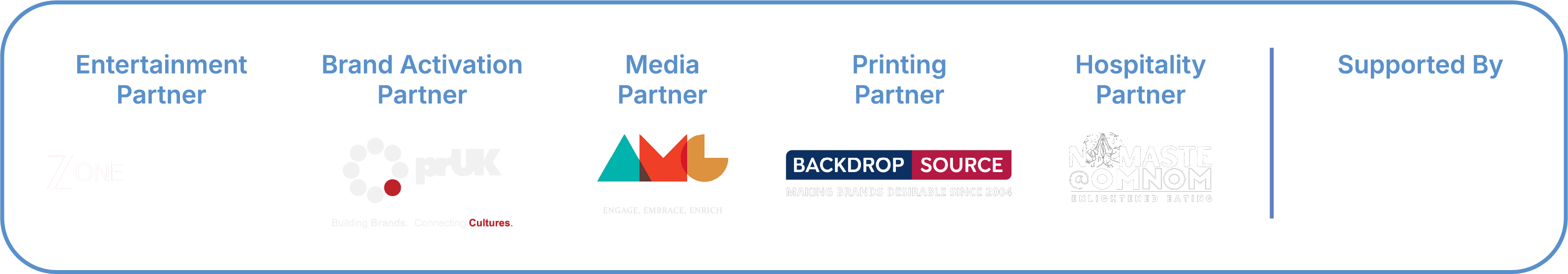 GYF London partners — Entertainment, Brand Activation, Media, Printing and Hospitality Partners, and Supported By