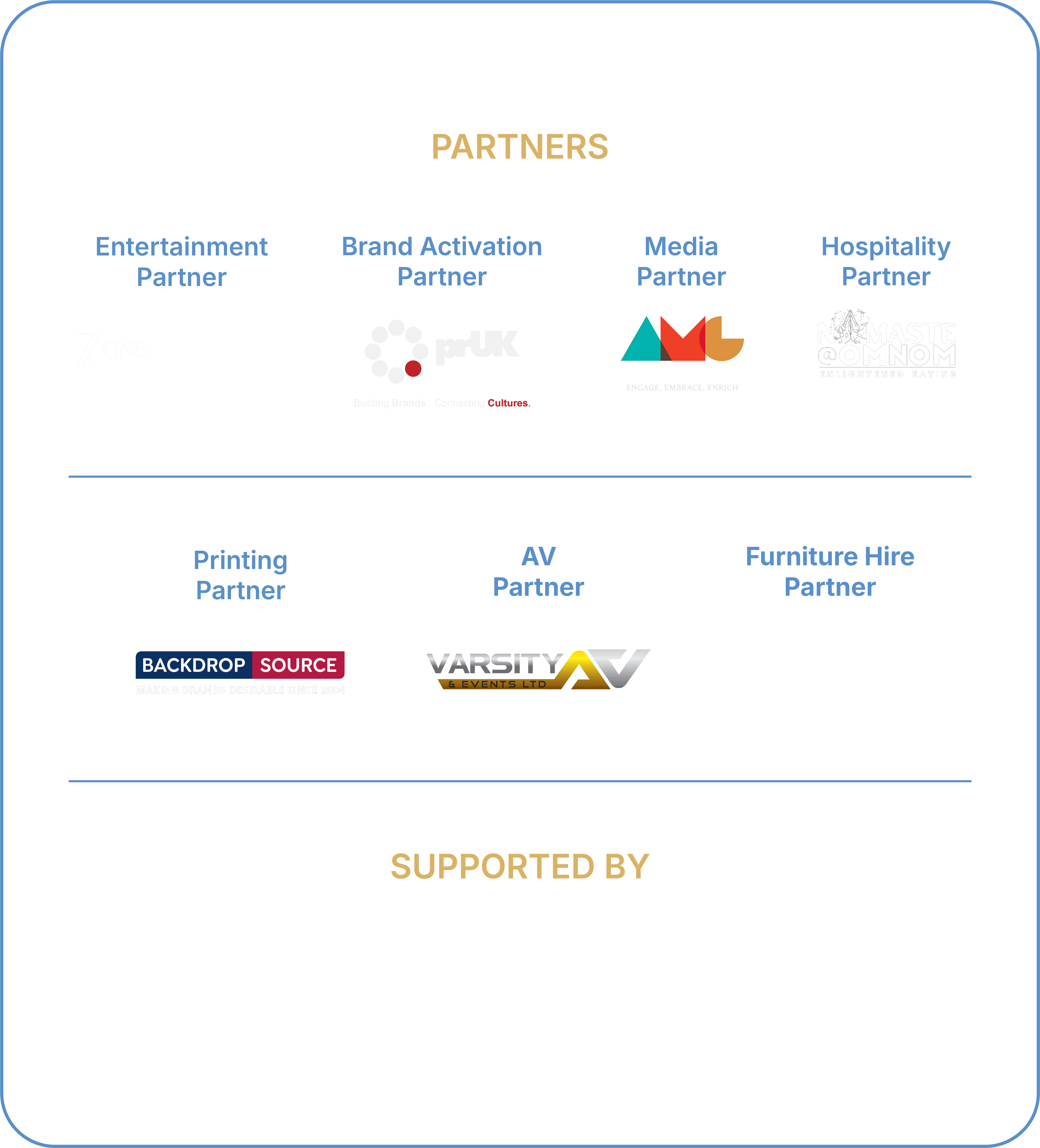 GYF London partners — Entertainment, Brand Activation, Media, Printing, Hospitality, AV and Furniture Hire Partners, and Supported By